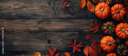 A flat lay image of Halloween pumpkins autumn leaves on a wooden table with space for text. copy space available