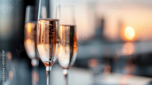 Three elegant champagne glasses filled with bubbly champagne, captured beautifully at sunset with a blurred cityscape in the background, evoking celebration and sophistication.