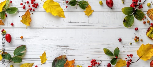 Top down view of a mockup featuring vibrant autumn leaves and berries in yellow green and red shades on a white wooden backdrop with ample copy space image
