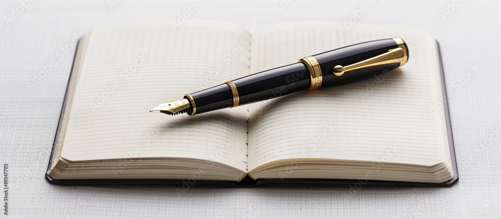 Fountain pen positioned on an open blank notebook against a white backdrop in a copy space image Fountain pen positioned on an open blank notebook against a white backdrop in a copy space image