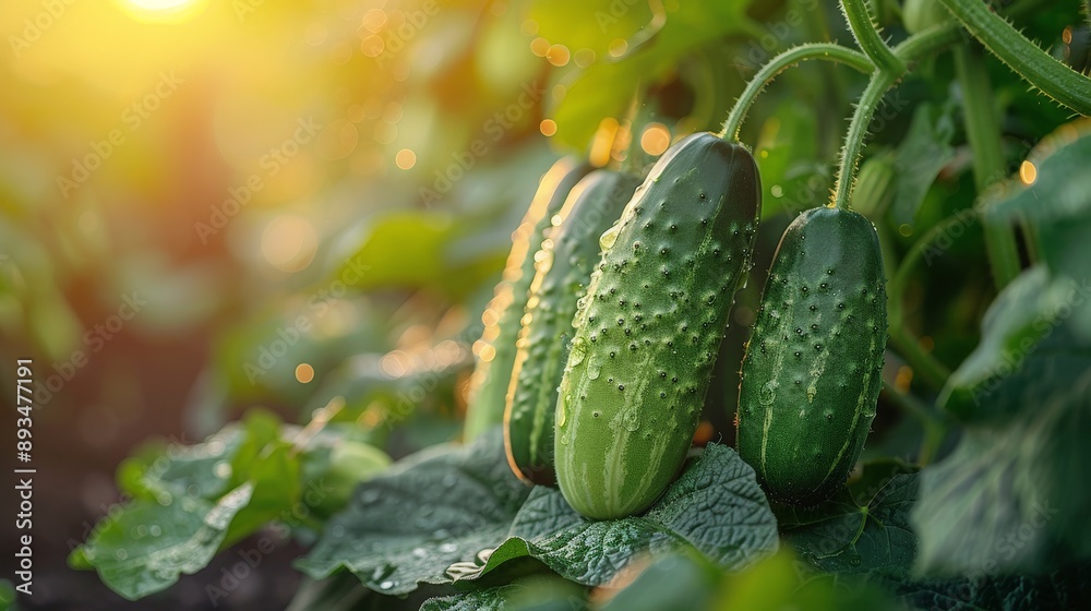 Obraz premium Vibrant Green Cucumbers Bask in Golden Sunlight on a Summer Morning. Generative AI
