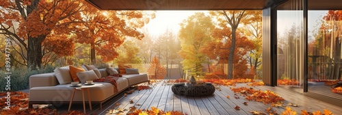 Patio deck terrace view of vacation house with scenic view in Fall with colorful foliage