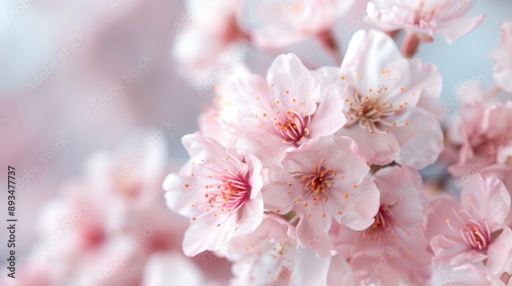 Naklejka premium A close-up image capturing the intricate details of delicate cherry blossoms, displaying their light pink and white petals that exude a sense of elegance and purity.