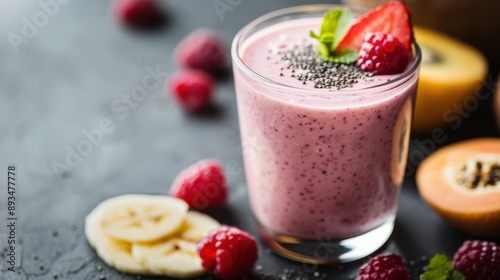 A vibrant pink smoothie served in a clear glass with fresh strawberries, raspberries, and banana slices, garnished with chia seeds and a mint leaf on top. photo