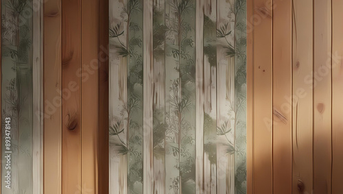 Vertical stripes of green and white wallpaper next to a panel of wooden planks