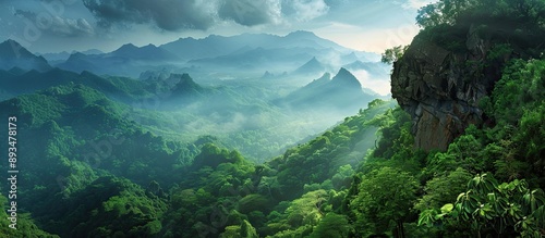 Lush green mountains are enveloped in a misty cloak with a rock formation and foliage adorning the scenic view suited for a copy space image