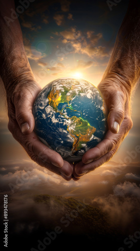 Our Fragile Earth: Depiction of weathered hands cradling the vibrant Earth, bathed in the ethereal glow of a sunrise, symbolizing environmentalism, hope, and the responsibility we hold for our world.