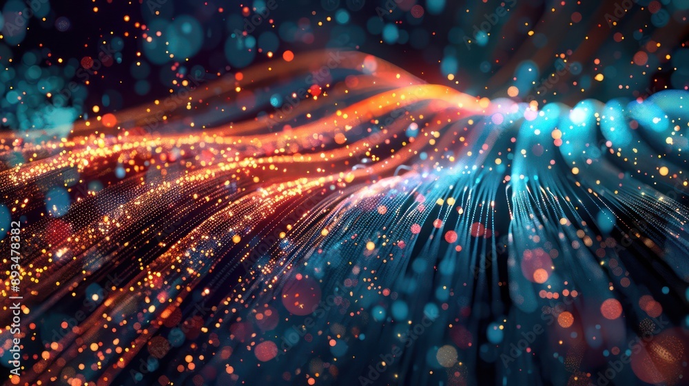 Obraz premium digital artwork representing the speed of electronic trading, with data particles racing along fiber optic cables in a network