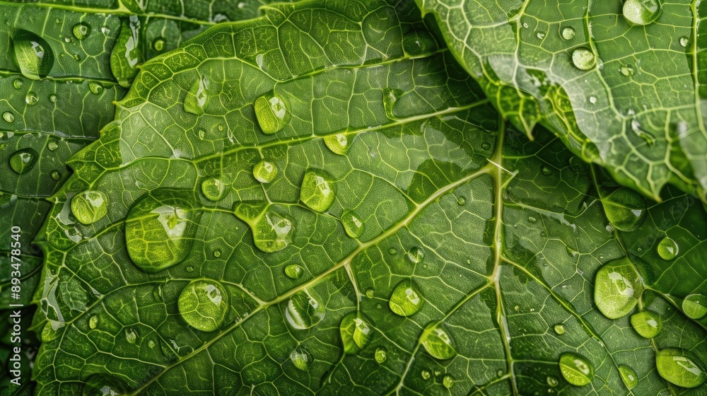 Fototapeta premium Macro shot of water droplets clinging to a leaf with detailed veins