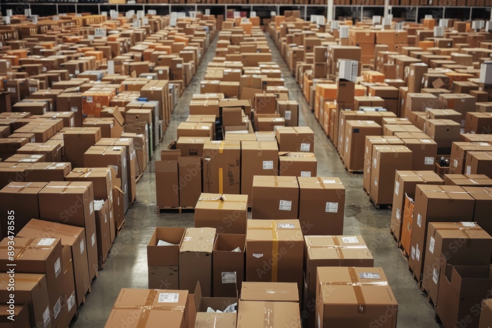 A warehouse filled with boxes of goods, ready for logistics and ships to put the products on board. A warehouse filled with boxes of goods, ready for logistics and ships to put the products on board.