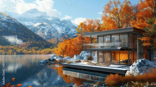 Fototapeta Naklejka Na Ścianę i Meble -  Vacation house with scenic view in Fall with colorful foliage by lake