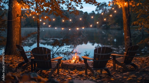 Fototapeta Naklejka Na Ścianę i Meble -  Picturesque campfire scene by lake with adirondack chairs image. Cozy autumnal ambiance. Fall nature retreat photography wallpaper. Relaxing spot. Ecotourism concept photorealistic photo