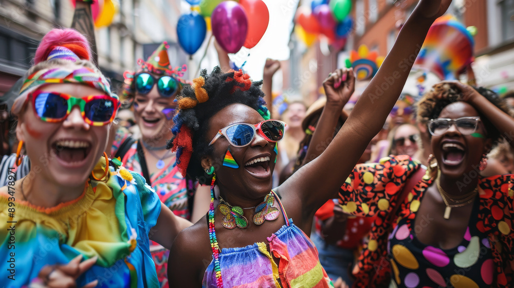 Obraz premium Pride Unites: Radiant smiles and vibrant colors fill the streets as a diverse LGBTQ+ community celebrates Pride with unbridled joy and solidarity. 