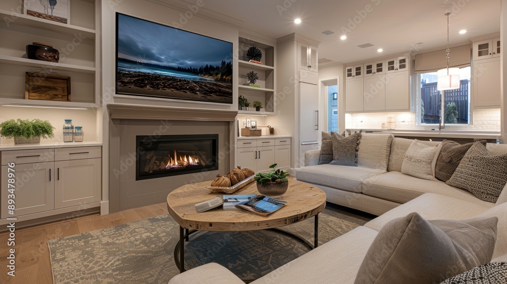 A modern transitional family room featuring a sectional sofa A modern transitional family room featuring a sectional sofa