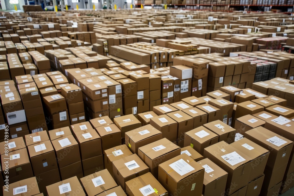 A warehouse filled with boxes of goods, ready for logistics and ships to put the products on board. A warehouse filled with boxes of goods, ready for logistics and ships to put the products on board.