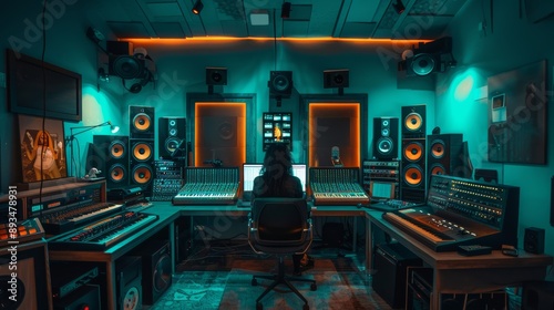 Luxurious recording studio inside the room Woman in dark style, realistic photography, soft ambient lighting, colored lights, camera lens, analog synth. 