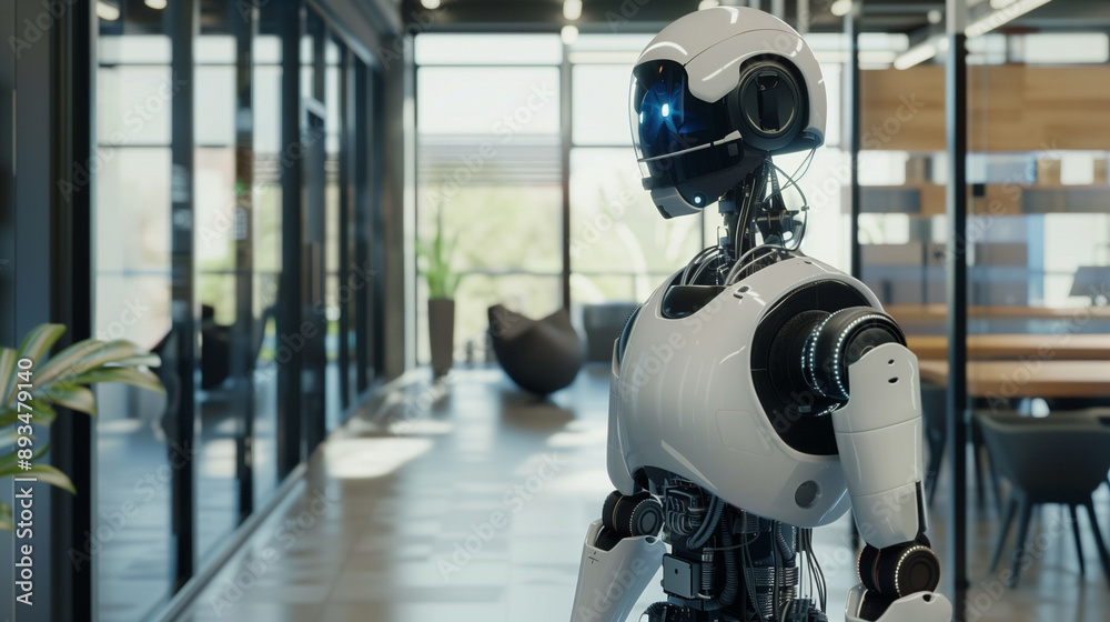futuristic Ai humanoid robot standing in modern office, AI workforce futuristic Ai humanoid robot standing in modern office, AI workforce