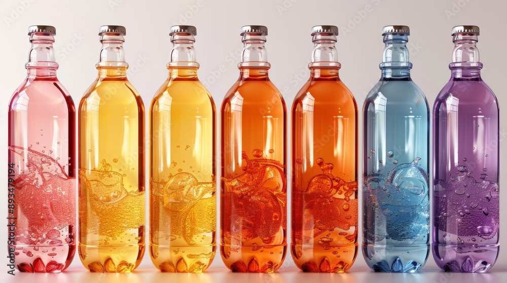 A Rainbow of Refreshment: Seven Vibrant Bottles of Sparkling Liquid, Captured in a Moment of Suspended Motion. Generative AI A Rainbow of Refreshment: Seven Vibrant Bottles of Sparkling Liquid, Captured in a Moment of Suspended Motion. Generative AI