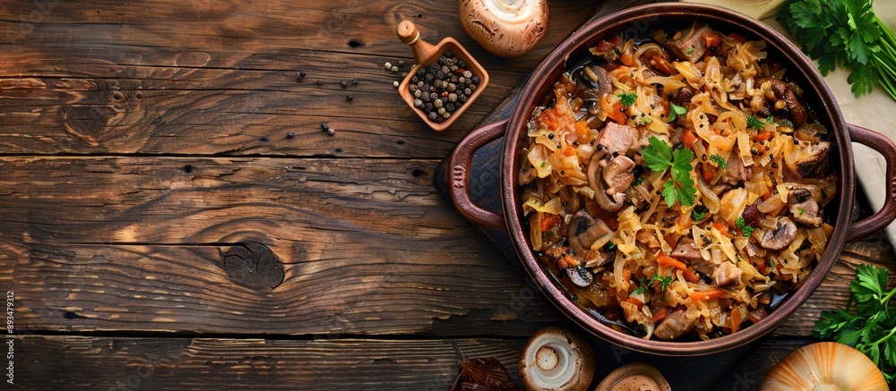 Bigos a traditional dish in Polish Belarusian Ukrainian and Lithuanian cuisine features a mix of sauerkraut cabbage meat mushrooms and sausage alongside a copy space image Bigos a traditional dish in Polish Belarusian Ukrainian and Lithuanian cuisine features a mix of sauerkraut cabbage meat mushrooms and sausage alongside a copy space image
