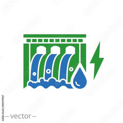 modern hydropower icon, hydroelectric power plant, dam outline,  water energy, electricity water turbine, flat vector illustration