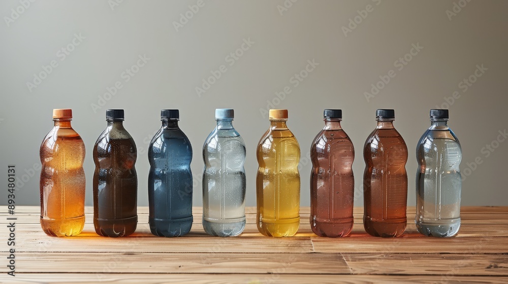 A Row of Colorful Bottles on a Wooden Table. Generative AI A Row of Colorful Bottles on a Wooden Table. Generative AI