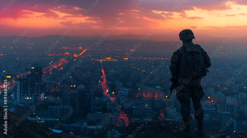 Fototapeta premium Soldier overlooking city at sunset