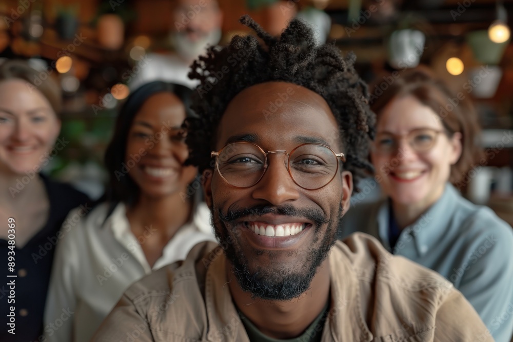 A close-up shot of a smiling man with glasses taking a selfie, with three diverse friends in the blurred background, inside a cozy cafe full of plants and decor. A close-up shot of a smiling man with glasses taking a selfie, with three diverse friends in the blurred background, inside a cozy cafe full of plants and decor.