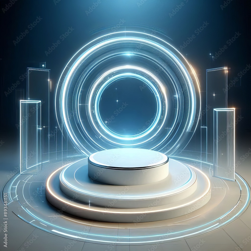 Fototapeta premium Podium background 3D light tech stage future platform game abstract. Podium 3D background technology room product circle glow effect portal stand studio scene white design ring modern display space. 