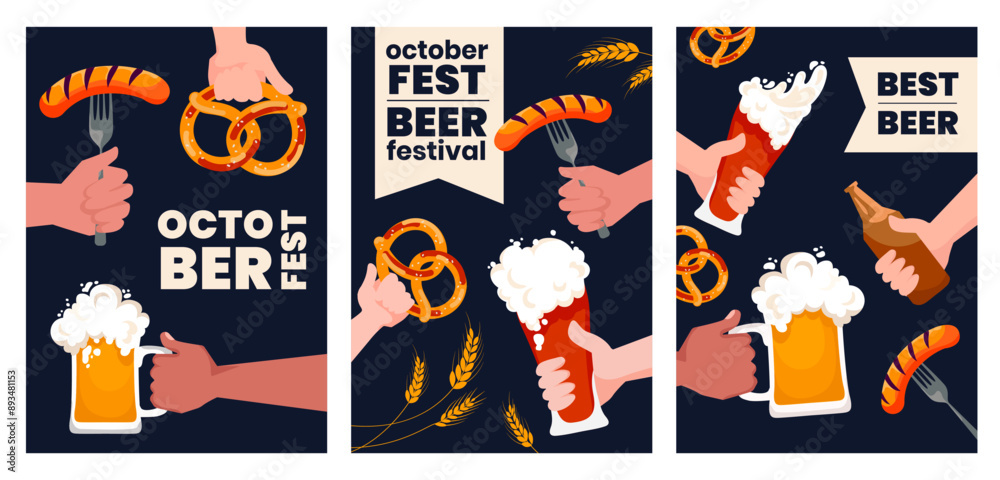 Obraz premium Beer festival creative poster flyer cover design template set. Oktoberfest party flyer background with beer mugs, pretzels and sausages. Happy Oktoberfest beer festival celebration templates .Vector