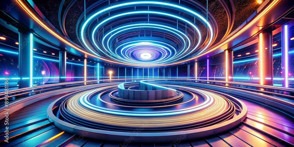 Fototapeta premium Futuristic Neon Circular Platform with Abstract Lights