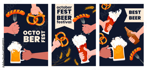 Beer festival creative poster flyer cover design template set. Oktoberfest party flyer background with beer mugs, pretzels and sausages. Happy Oktoberfest beer festival celebration templates .Vector