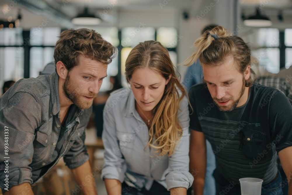 Obraz premium Three people gathered around discussing ideas in a bright modern workspace, engaging in creative brainstorming and teamwork to solve problems or plan projects efficiently.