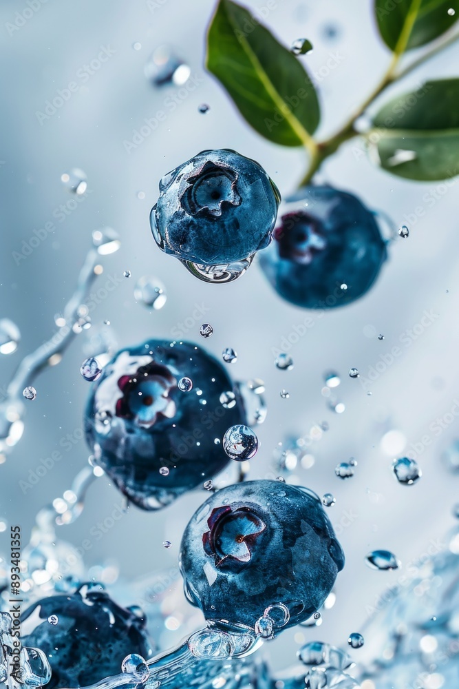 Blueberries dropping into water, isolated, clean background Blueberries dropping into water, isolated, clean background