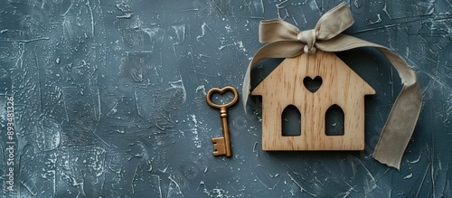 Wooden house model bow and key arranged on a grey table in a flat lay setup next to a copy space image perfect for a housewarming party photo