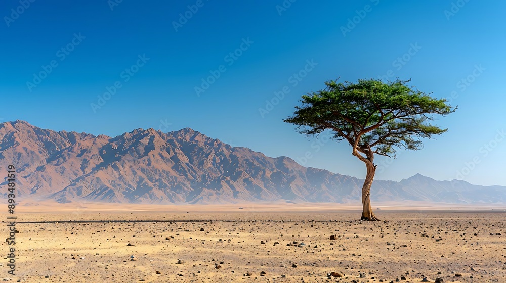 Lone Tree in Desert Landscape with Mountains Photo Lone Tree in Desert Landscape with Mountains Photo