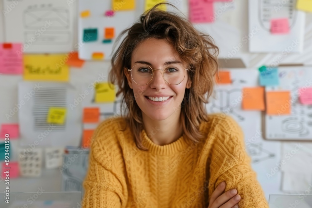 A woman in a yellow sweater sitting at a colorful desk filled with sticky notes and drawings, deeply engaged in planning and creative thinking, contributing to thoughtful project design. A woman in a yellow sweater sitting at a colorful desk filled with sticky notes and drawings, deeply engaged in planning and creative thinking, contributing to thoughtful project design.