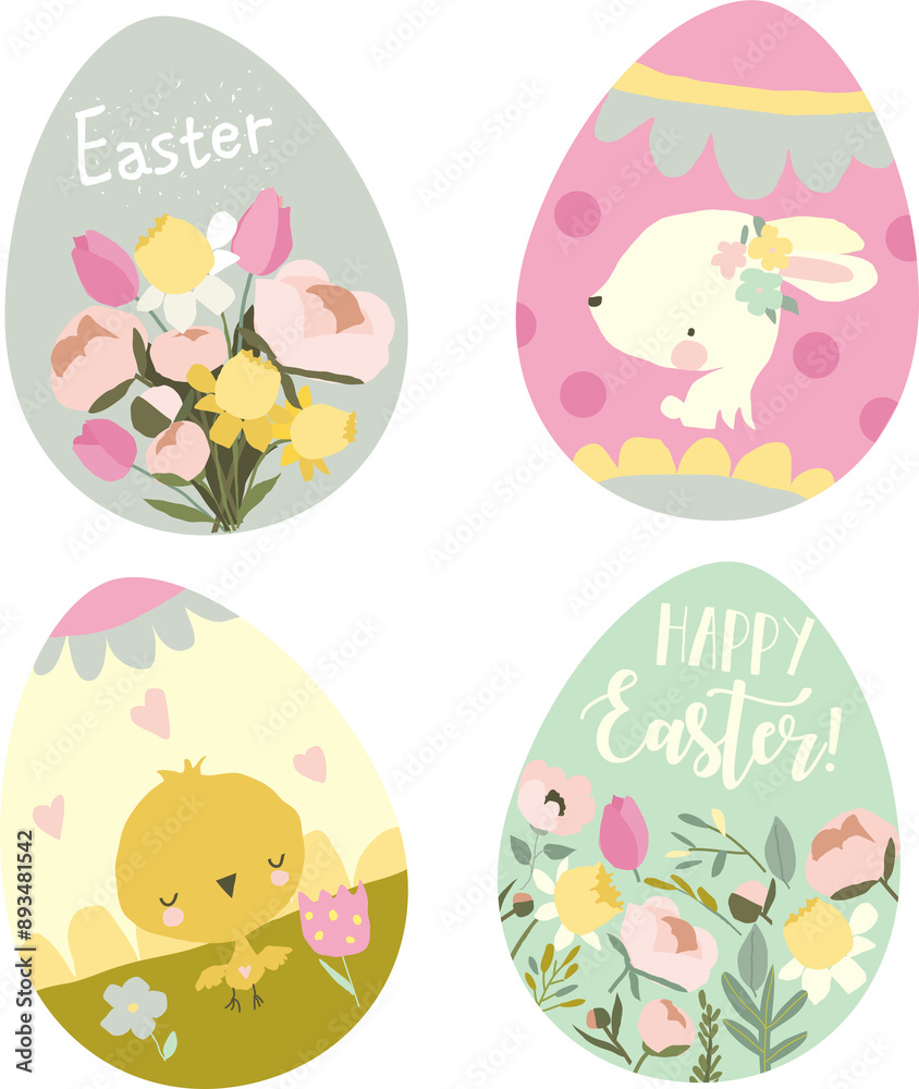 Vector Set of Cartoon Easter Eggs with Animals and Flowers Vector Set of Cartoon Easter Eggs with Animals and Flowers