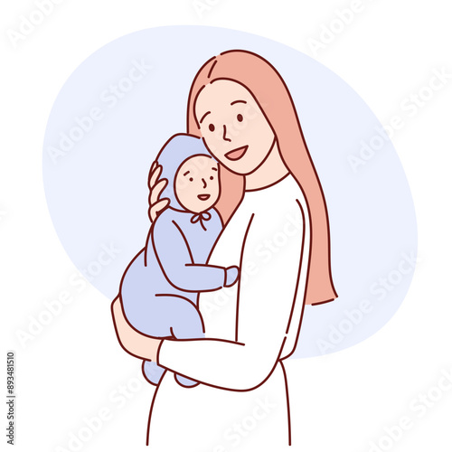 Vector line illustration of mother and infant