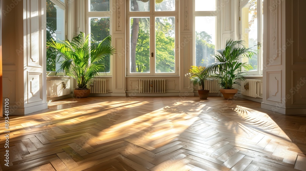 Fototapeta premium Spacious classic room with herringbone parquet flooring and large windows with plants