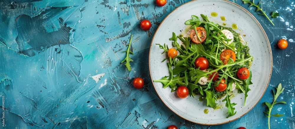 Top view of a rustic blue background with a white ceramic plate holding a salad featuring arugula cherry tomatoes cream cheese pesto sauce and herbs with room for text or image. copy space available Top view of a rustic blue background with a white ceramic plate holding a salad featuring arugula cherry tomatoes cream cheese pesto sauce and herbs with room for text or image. copy space available