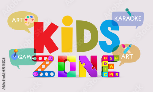 Colorful letters for children's playroom decoration. Banner, poster cartoon style. Place for fun and play, kids game room for birthday party.