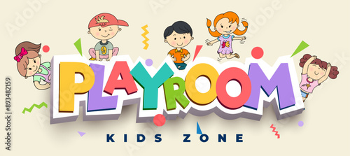 Playroom letters postel colorful Illustration for Children's Playroom Decoration. Banner in Cartoon Style. Vector lettering for Game Room.