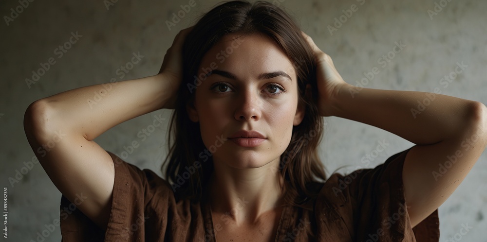 Portrait of an adult brown hair woman with her hands behind her head Portrait of an adult brown hair woman with her hands behind her head
