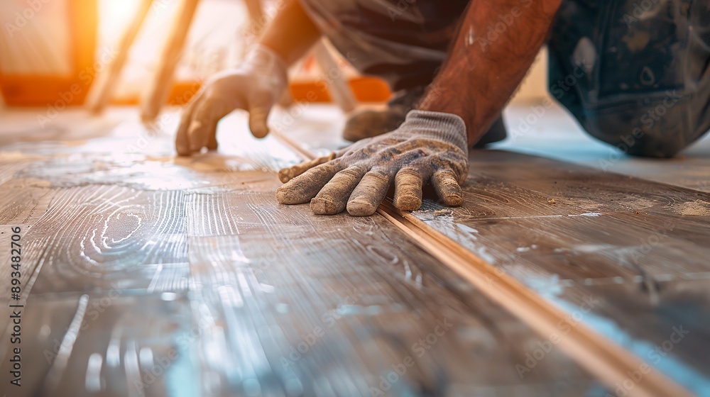 Worker hands installing wooden laminate floor Worker hands installing wooden laminate floor