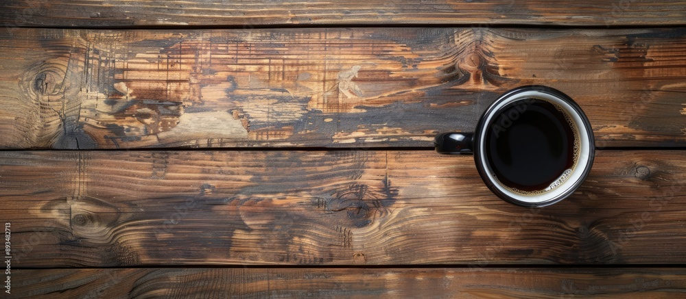 Top view of a black coffee cup on a wooden table with a clear surface available for writing in the background space with no content for adding an inscription. copy space available Top view of a black coffee cup on a wooden table with a clear surface available for writing in the background space with no content for adding an inscription. copy space available