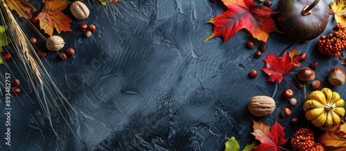 Colorful fall foliage nuts and grass in a corner border atop a rustic dark banner background shown from above with a copy space image below