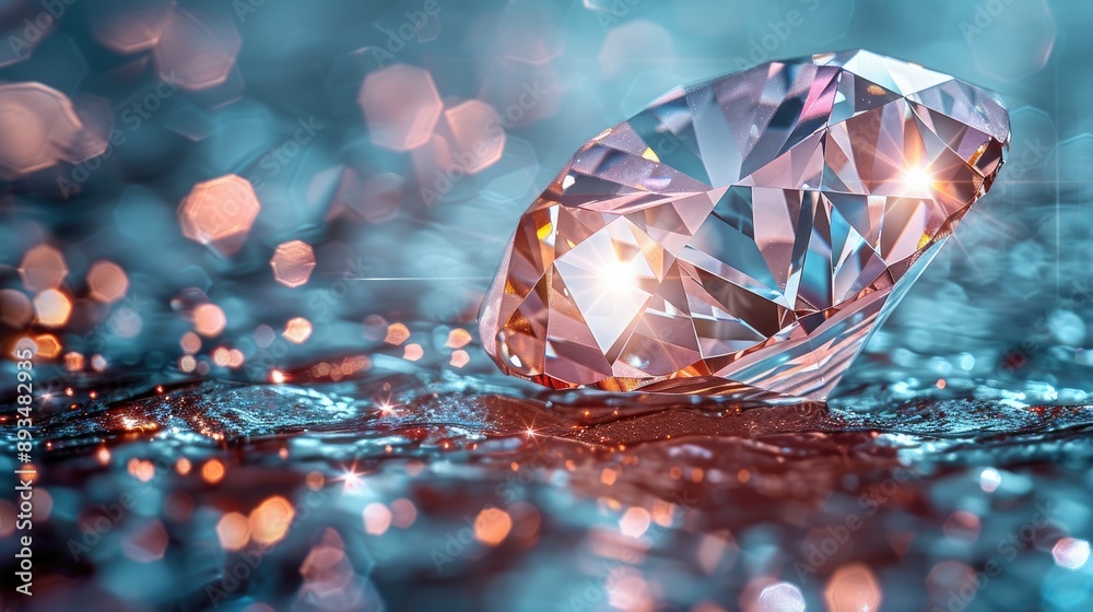 Close-up of a sparkling diamond on a glittering blue surface, surrounded by light reflections and bokeh effects. Close-up of a sparkling diamond on a glittering blue surface, surrounded by light reflections and bokeh effects.