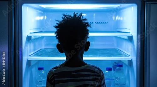 Child looking at an empty refrigerator, representing the struggles of low-income families to afford basic necessities