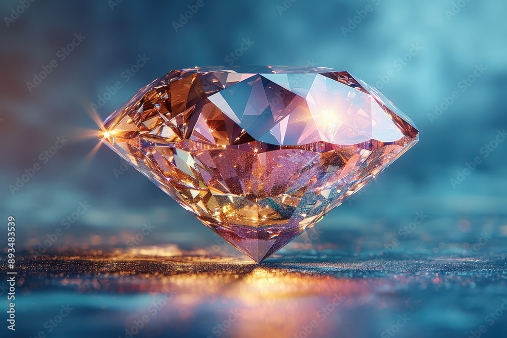 Elegant close-up of a sparkling pink diamond, showcasing its facets and brilliance against a blurred blue background. Elegant close-up of a sparkling pink diamond, showcasing its facets and brilliance against a blurred blue background.