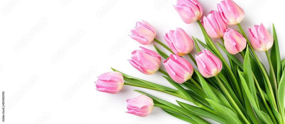 Obraz premium A banner displaying top view of a bouquet of pink tulips on white backdrop with copy space image showcasing spring flowers